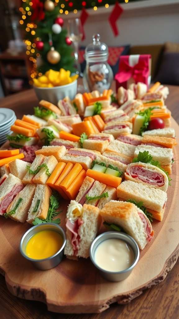 An array of finger sandwiches on a wooden platter, with bowls of mustard and mayonnaise, set in a festive gathering space.